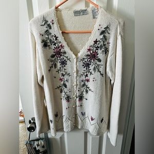 Vtg CAROLYN TAYLOR Sweater Cardigan Embroidered Cottagecore padded shoulder PS